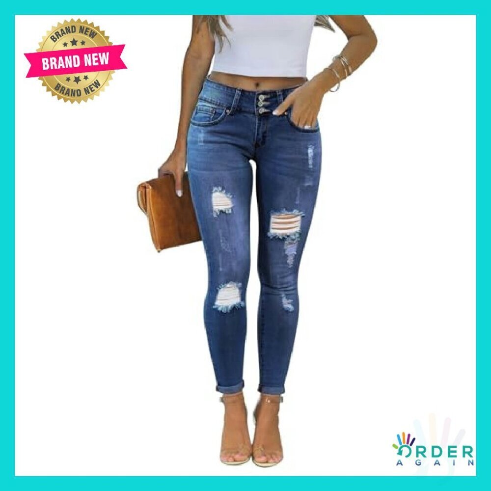 Skinny Ripped Distressed Jeans Stretchy Denim Pants Y2K Trendy Chic - Picture 2 of 7